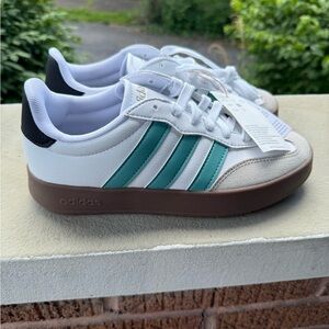 NWOB 5.5W adidas Barreda, white with suede toe, teal stripes and brown gumbottom